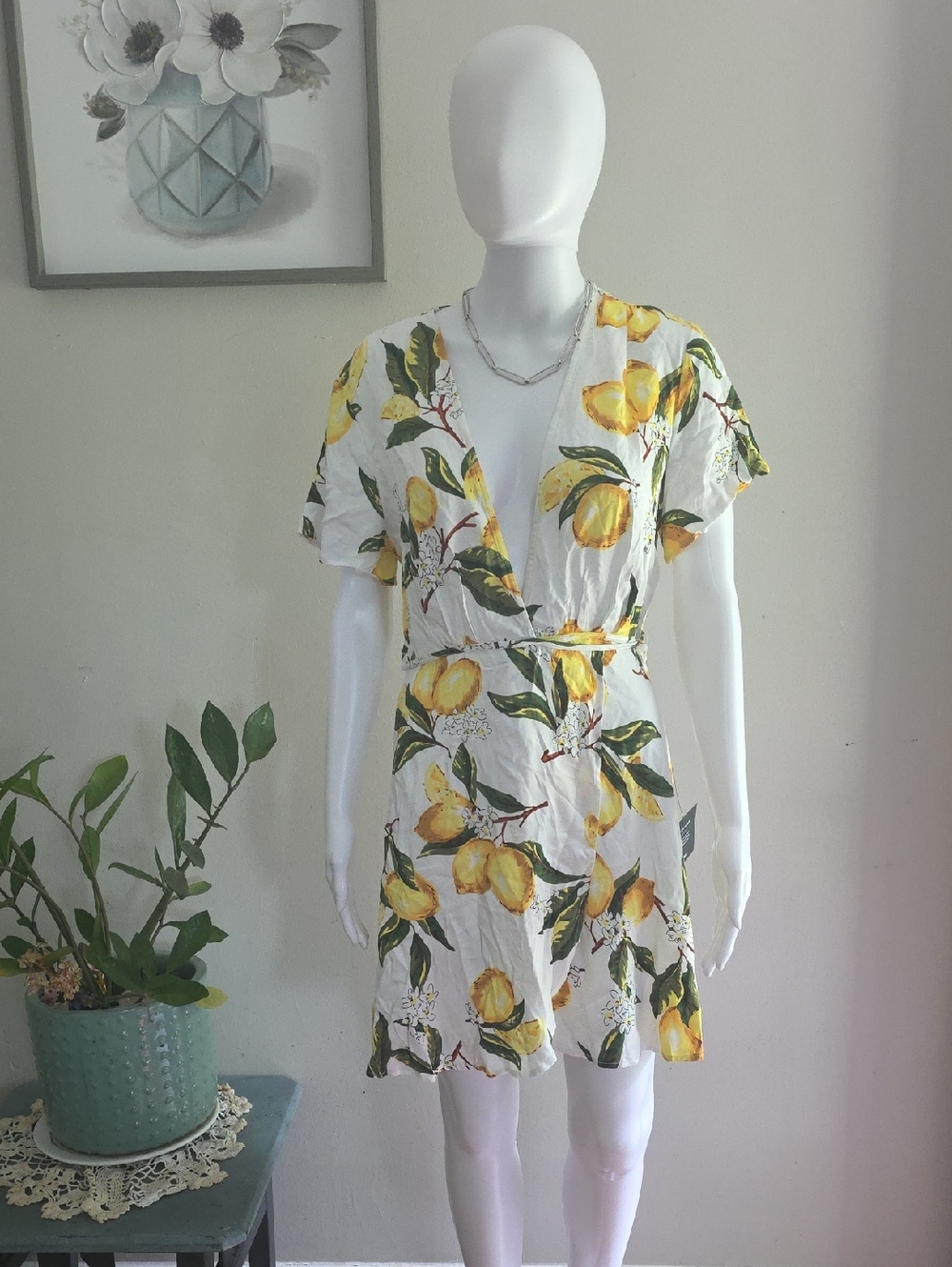 Lulu's White Dress with Yellow & Green Floral Print